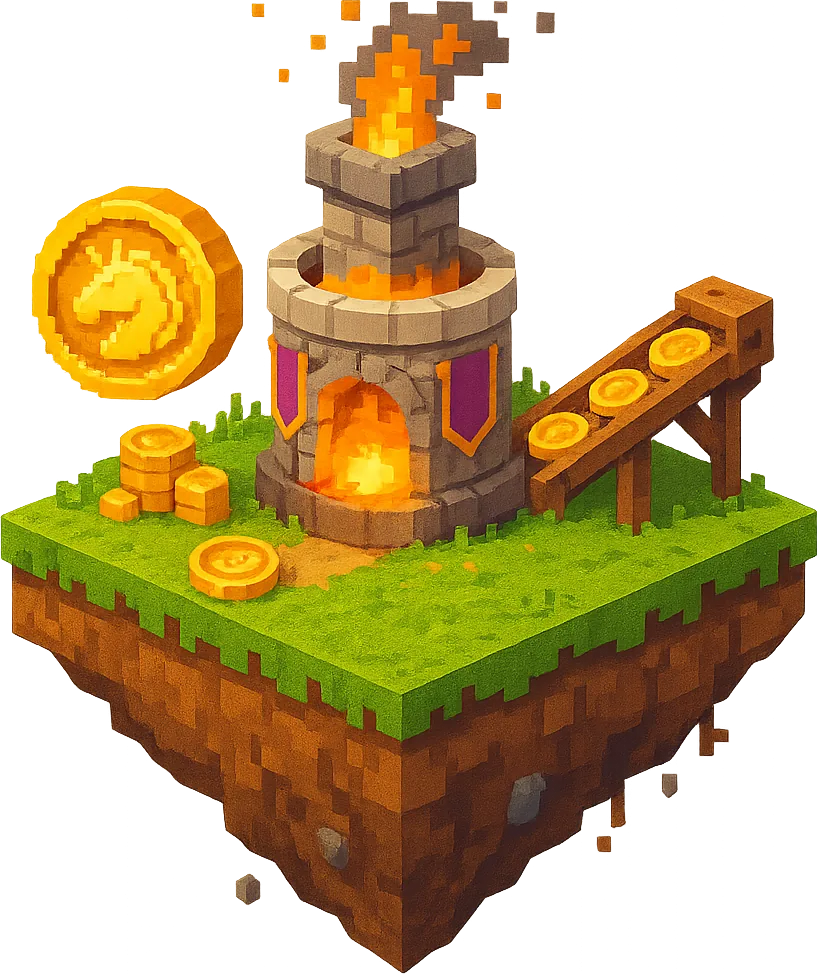 A stone forge on a floating island, with gold coins sliding down a chute into its fire