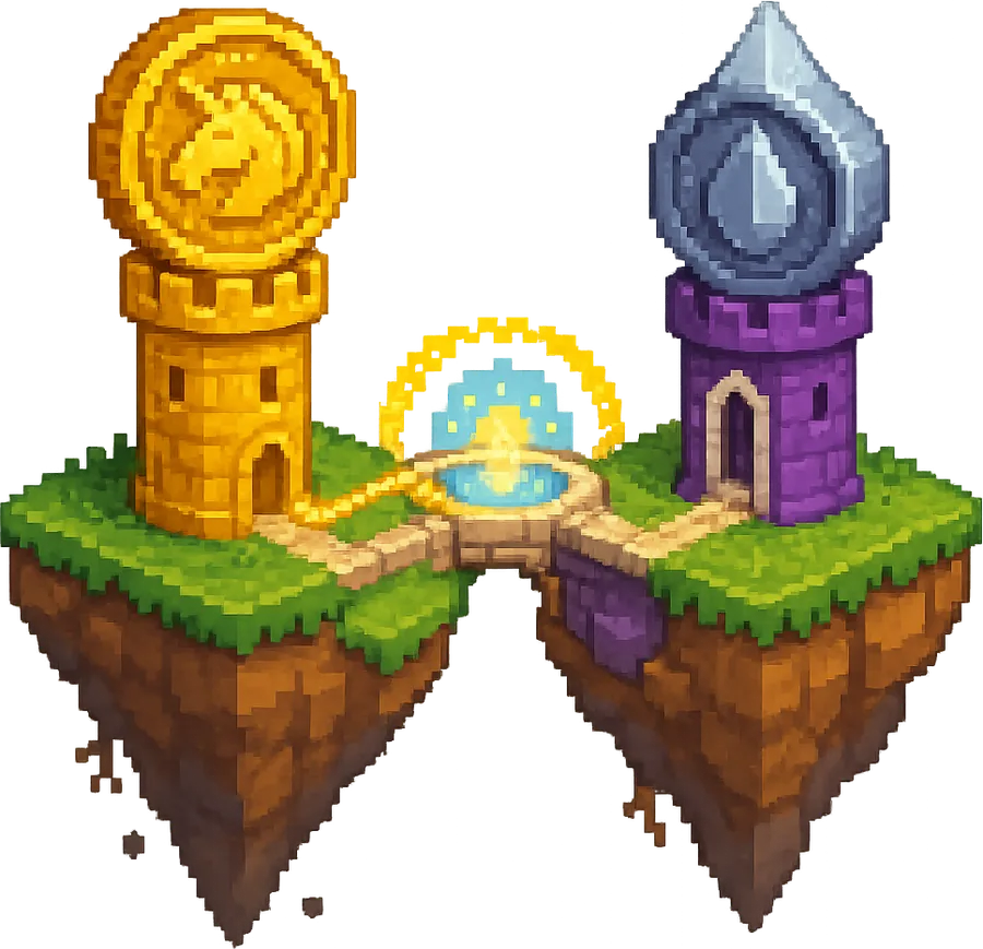 Two floating islands, a gold coin tower and a crystal coin tower, joined by a bridge of golden light