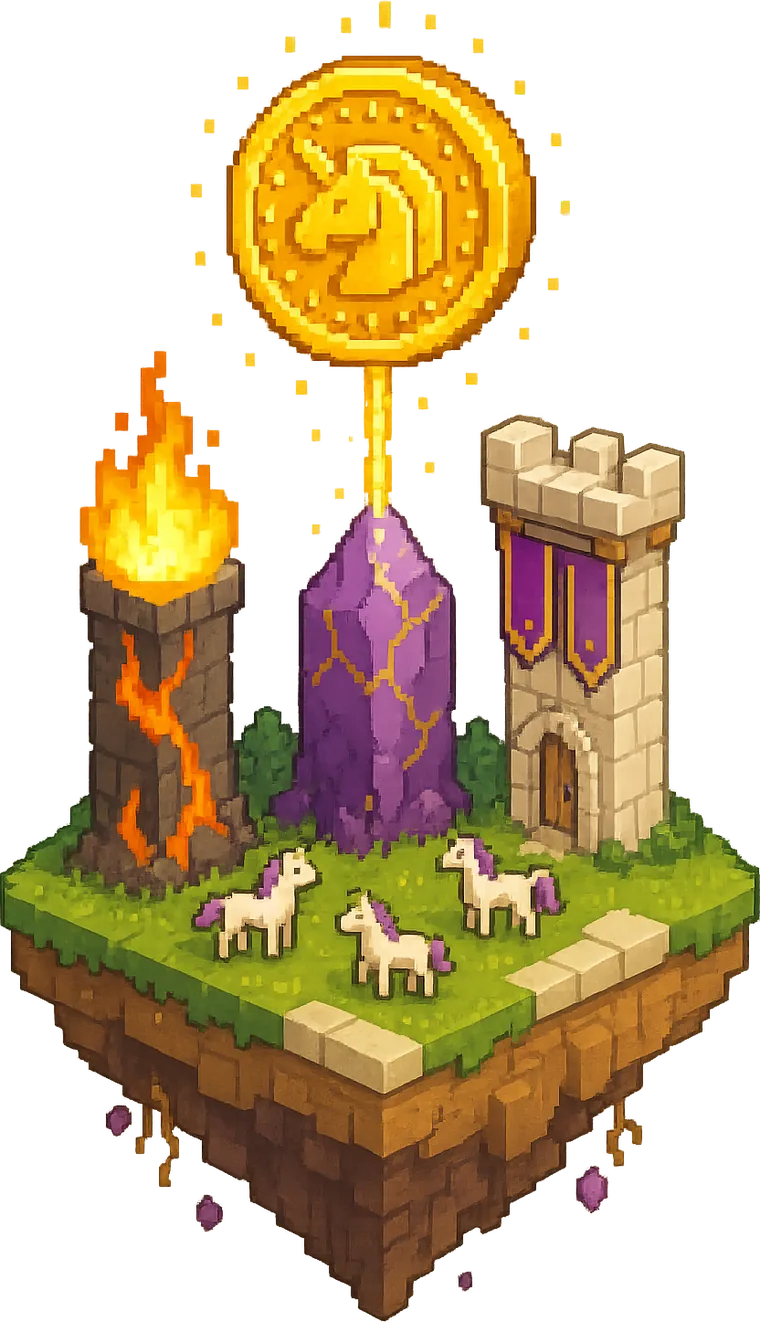 Three pillars — fire, crystal and a kingdom tower — lifting a giant gold $uGold coin above a floating pixel island