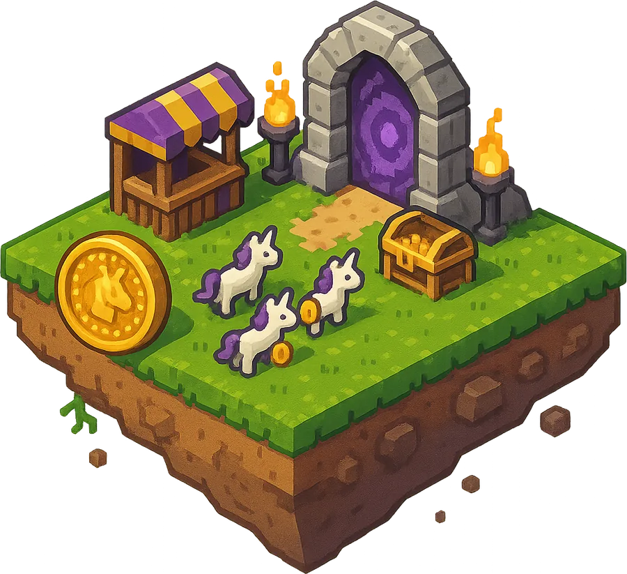 Pixel unicorns carrying gold coins toward a ticket stall and a glowing dungeon gate, with a treasure chest nearby